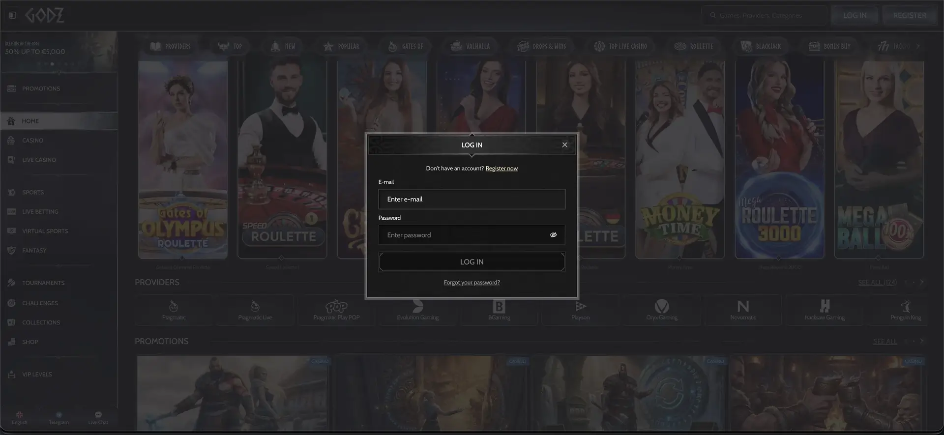 Godz Casino Login - Ansicht der Webseite