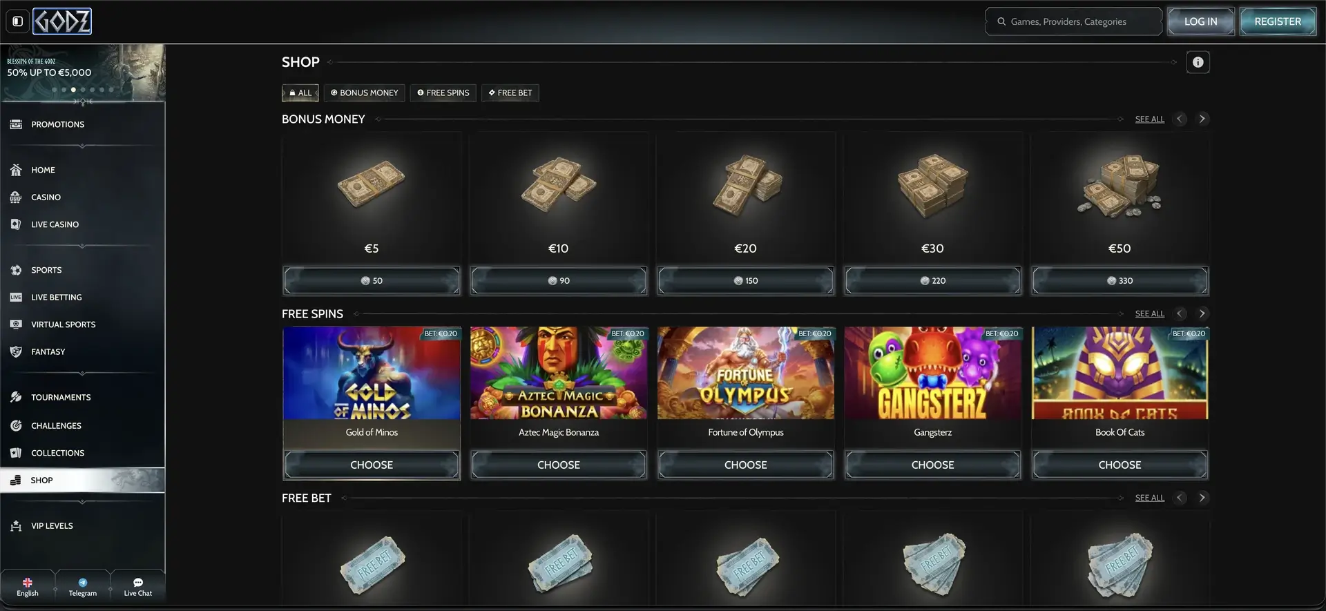 Godz Casino Bonus ohne Einzahlung - Ansicht der Webseite